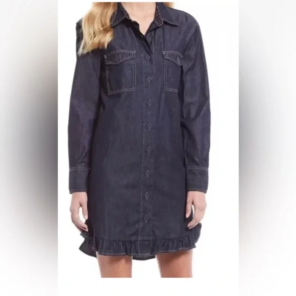 NWT TOMMY HILFIGER Dark Blue Denim Shirt Button Down Ruffle Hem Dress Size 8 - Picture 2 of 7